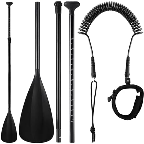 WinnerWhy 2 Pcs Paddle Board Paddle with Surfboard Leash 3 Pieces SUP Paddle Aluminum Alloy Floating Paddle Adjustable Stand Up Paddle Paddleboard Leash for Surfing Standup Paddle Boarding