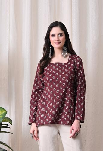 Image of MEERA FAB Women's Floral Printed Cotton Short Kurta Square Neck | Floral Printed Kurta with Full Sleeves | Short Kurti for Women