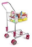 Click N’ Play Kids Shopping Cart with Food, Play Grocery Cart for Kids with 23 Pieces, Toddler Shopping Cart - Fits 18 inch Baby Dolls, Smooth Rolling Wheels, Folds for Easy Storage, Pink & Black