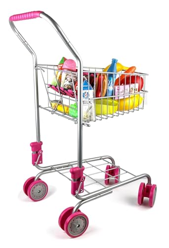 Click N’ Play Kids Shopping Cart with Food, Play Grocery Cart for Kids with 23 Pieces, Toddler Shopping Cart - Fits 18 inch Baby Dolls, Smooth Rolling Wheels, Folds for Easy Storage, Pink & Black