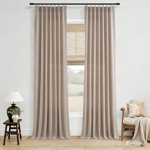 Aersas Sand Beige Linen Pleated Curtains 102 Inches Long for Living Room Pinch Pleat Drape Hooks Rings Back Tab Semi Sheer Light Filtering Curtain for Bedroom Sliding Patio Door 2 Panels 40x102