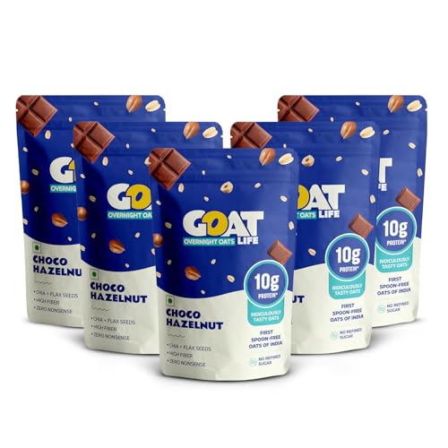 Image of GOAT Life Overnight Oats | 10g Protein | High Fibre | Nutrient-Rich | No Sugar | Supports Weight Management & Muscle Recovery | Instant Breakfast (Choco Hazelnut, Pack of 5)