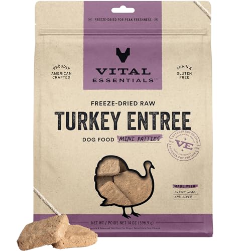 Image of Vital Essentials Freeze Dried Dog Food, Raw Turkey Mini Patties, 14 oz Bag | Mini Patties, Complete Meal or Topper, Made With 99% Turkey, Organs & Bone, High Protein, Grain Free Dry Dog Food