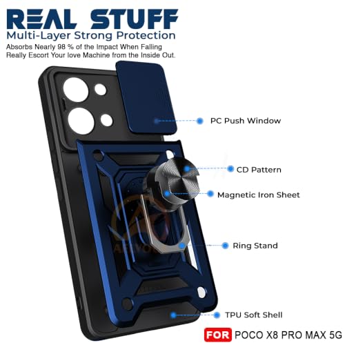 Image of Armor Bumper Back Cover Case for Poco X8 Pro MAX 5G | Rotating Camera Cover, Ring Holder & Kickstand | Heavy Duty & 360 Degree Protection Poco X8 Pro MAX 5G Back Cover (Blue)