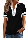 Hilinker Women's Short Sleeve T Shirts Zipper Tops Color Block Casual Summer Tee Loose Fit Medium Black