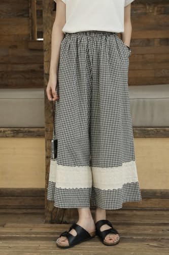 chouyatou Women's Elastic Waist Plaid Pants Lace Embroidery Patch Wide Leg Capri Palazzo Pants Gingham Culottes2