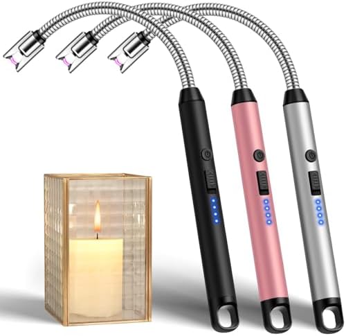 LcFun Stabfeuerzeug, Lichtbogen Feuerzeug Elektrisch mit Längerer Hals, USB Aufladbar Plasma Feuerzeug Kerzenanzünder für Küche, Kamin, Feuerwerk (Schwarz+Silber+Rosa)