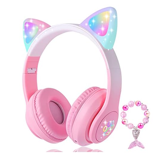KORABA Cat Ear Kids Headphones Bluetooth, LED Light up Wireless/Wired Mode Over Ear Headphones with Build in Microphone for School/Travel (Pink)