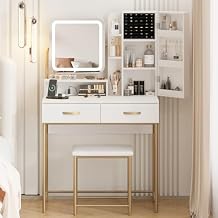 Fameill Vanity Desk with Mirror and Lights, Small Makeup Vanity with 2 Drawers&Charging Station&Storage Cabinet, White Vanity Desk Set for Girls, Women, 3 Adjustable Lighting Mode