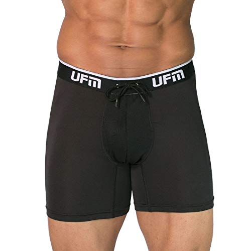UFM Men’s Boxer Briefs with Support Pouch - Patented Adjustable Support, Athletic Underwear for Men, Moisture Wicking, Breathable Polyester Spandex, Regular Support, 6 Inch Inseam, Black, 36-38 (L)