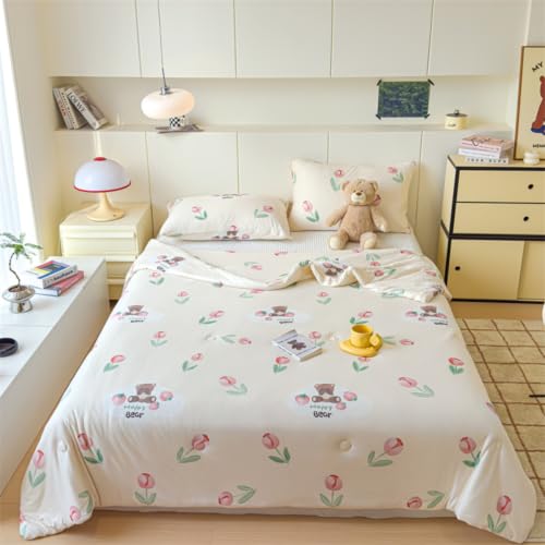 Odot Edredon Nordico Sin Funda 150 180 200, Edredón de Verano Lavable Sin Funda Ligera y Suave Transpirable Manta Refrescante Personas Colcha Acolchado para Cama (Oso tulipán,200x230cm)