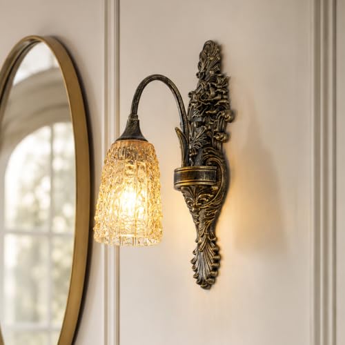 Image of Rustic Glass Wall Sconce Vintage Antique Gothic Black Brush Gold Wall Light Fixture Retro Mid Centry Glass Wall Sconce for Bedroom, Living Room, Mirror, Hallway