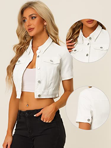 Allegra K Casual Denim Jacket for Women Short Sleeves Crop Jean Denim Jacket X-Large White