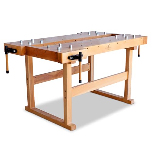 BAMATO Hobelbank WORK-1750 | 16x Bankhaken Metall | 4 Spannzangen | Werkzeugablage integriert | Perfekt für 2 Personen | Werkbank Werkstatt für Hobby, Handwerker Arbeitstisch