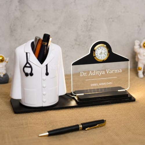 Image of Deskart Customized Gift Pen Stand with LED Name Plate & Clock | Doctor Coat Apron Shape Pen Holder with Warm LED Acrylic Name Plate & Adapter