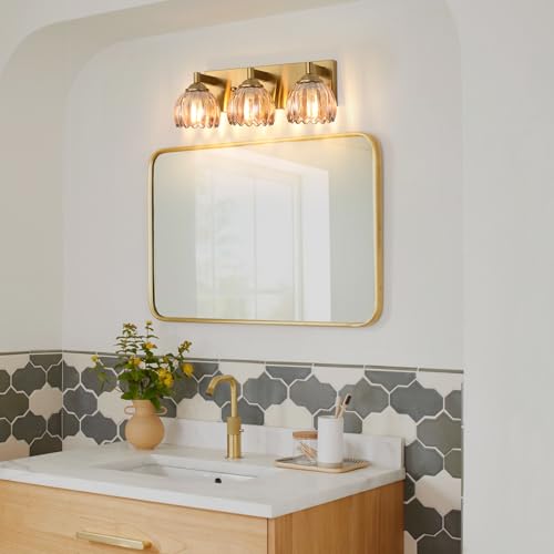 Image of Bathroom Vanity Light Fixtures, 3-Light Brushed Gold Bathroom Light Fixtures Over Mirror, Antique Wall Lights with Amber Glass Tulip Light Shade for Mirror, Kitchen, Hallway, Cabinet, Porch