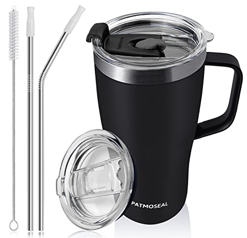 patmoseal Thermal Travel Mug with Handle, 20oz Tumbler with Straw Lid for Hot & Cold Drinks, Insulated Coffee Cup Reusable for Work Car (Black)