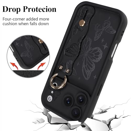 Fiyart Designed for iPhone 17 Pro Max Case with Wrist Strap Kickstand Cute Butterflies for Women Girls Slim TPU Shockproof Wristband Bumper 6.9"- Black by Fiyart - Used condition - Image 7