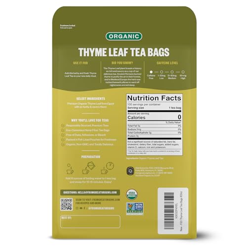Image of FGO Organic Thyme Leaf Tea, 100 Count, Eco-Conscious Tea Bags, Caffeine Free, Resealable Bag, Packaging May Vary (Pack of 1)