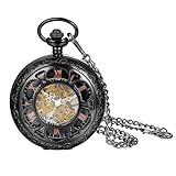 JewelryWe, orologio da taschino in stile vintage, con movimento a carica manuale e catena, adatto come regalo per la festa del papà, di colore nero