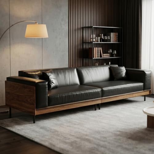 Upwivkre 110 Inch Mid-Century Modern Leather Sofa, Modern Black 4 Seater Deep Seat Couch with Wood Frame Construction, Large Living Room Sofa with Premium Upholstery for Apartment