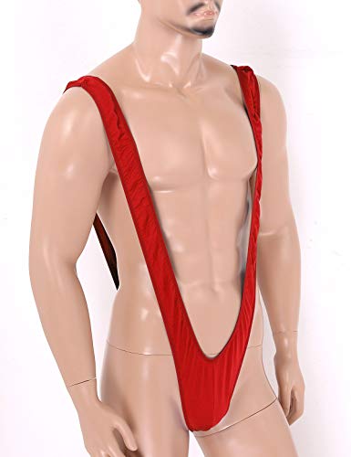 Ranrann Men's One Piece Deep V-Shaped Mankini V-String Thong Underwear Suspender Bodysuit Red One Size #TOP2