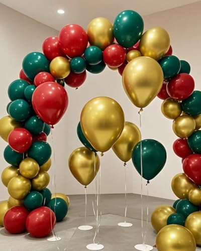 Kerozoo Tricolor balloons arch 120pcs 12inch 10inch 5inch Dark Green Garnet red and Metallic gold balloon For Birthday Wedding Christmas Jungle Safari (Green Gold Red, 12in 10in 5in)
