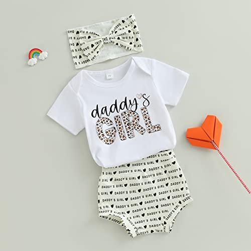 Gueuusu Father’s Day Baby Girl Outfit Daddy's Girl Short Sleeve Bodysuit Top High Waist Bummies With Headband Cute 3Pcs Set (White, 6-12 Months) #TOP1