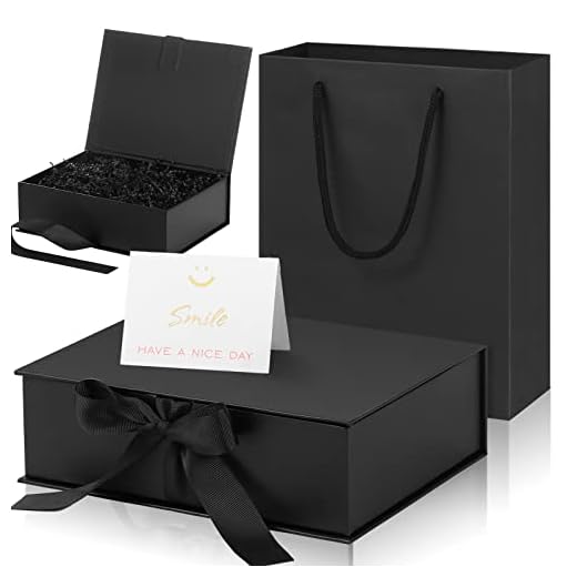 Zonon Luxury Gift Box with Lids Changeable Ribbon, Paper Bags, a Greeting Card and Tissue Paper Luxury Packaging Box Set for Weddings, Graduations, Birthdays, Anniversaries (Black, 9 x 7 x 3 Inch)