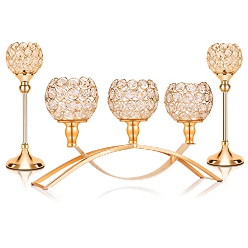 Gold Crystal Candle Holders Bling Bowl Candelabras 3 Arms Candlesticks Holder Table Centerpiece Center Pieces Decoration for Dining Table Home Decor, Wedding Party,Mother's Day, Eid Mubarak by DARCKLE - Used condition - US$24.20