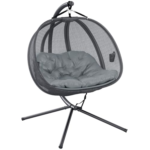 Outsunny Double Hanging Egg Chair 2 Seaters Texteline Swing Hammock Chair with Stand, Cushion and Folding Design, for Indoor and Outdoor, Grey