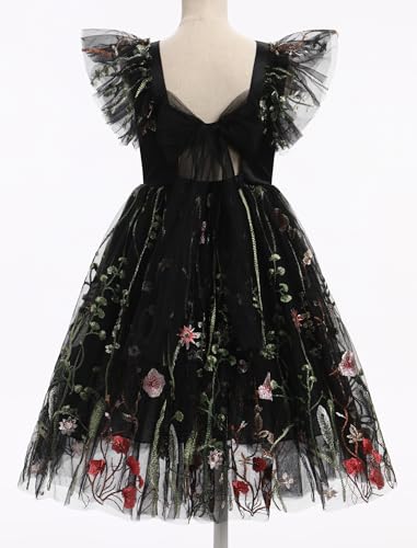 Floral Embroidered Dress for Girls Ruffle Sleeve Formal Birthday Wedding Pageant Party Tulle Dresses Black 4-5 Years2