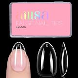 AILLSA Short Almond Nail Tips, 15 Sizes 240PCS Preshaped Soft Clear Gel Nails Tips Full Cover False Nails Tip Short Almond Shaped Tips