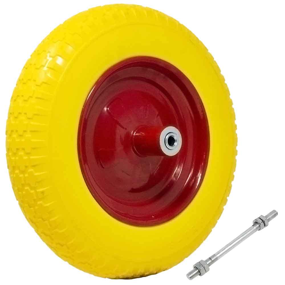 Bakaji Ruota Piena in Poliuretano Giallo Antiforatura per Carriola Battistrada Scolpito Diametro 35cm Larghezza 9cm 3.50-8 Cerchio in Acciaio con Asse da 210 mm Incluso Ruote Ricambio Carriole - 1