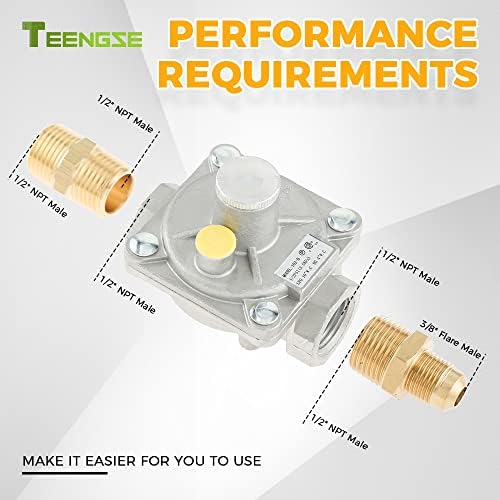 TEENGSE 1/2" Propane Gas Pressure Regulators, Natural Gas and Liquefied Interchange Pressure Regulator with 1/2" FPT Thread in and Out Opening NG 4" WC Out/LPG 10" WC Out
