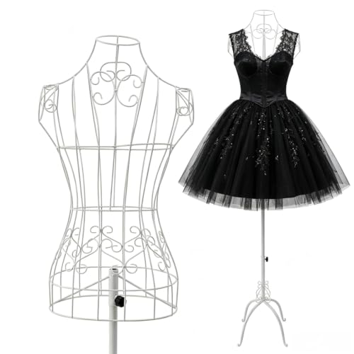 43”-65” Height Adjustable Body Model,Vintage Style Metal Steel Dress Form Maniquine with Stand, Mannequin Torso for Store Home Decor Display, Clothing Online Seller, Sewing Room (White)