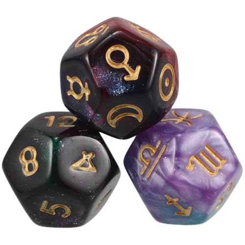 Uonlytech Dados de Astrología de 12 Caras Bicolor Juego de Dados del Zodiaco 3 Piezas para Tarot y Adivinación Diseño Cósmico para Juegos de Mesa y rol Números Planetarios D12