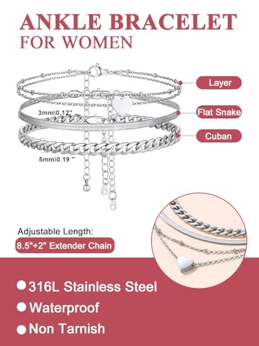 Image of FOCALOOK Anklet Bracelets Set for Women, 14K Gold Plated Waterproof Cuban Link Chain Layered Anklets Set for Plus Size Ankle 8-10.5 Inch Adjustable Summer Beach Jewelry Gift
