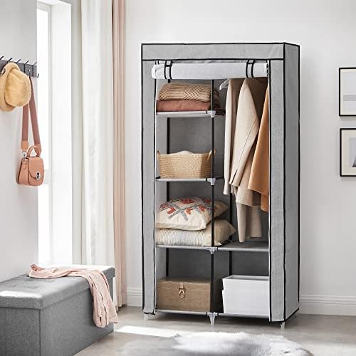 SONGMICS Fabric Wardrobe, Clothes Storage Organiser, 6 Shelves, 2 Hanging Rails, Non-Woven Fabric, Metal Frame, 88 x 45 x 168 cm, for Bedroom, Dressing Room, with Herringbone Pattern, Grey RYG084G22