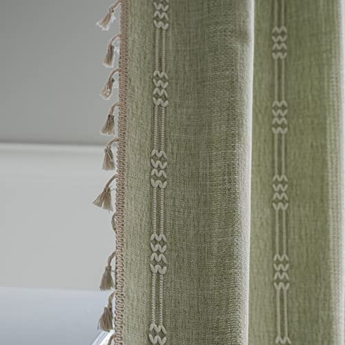 Sage Green Boho Curtains For Bedroom Living Room 84 Inches Long Farmhouse Curtains 2 Pannels Cotton Linen Window Curtain Panel, Bohemian Tassel Curtain Drapes, 55" W X 84" L,Sage Green #TOP6