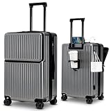 [RTmoni] スーツケース 機内持込 前開き フロントオープン キャリーケース パソコン収納 USBポート付き カップホルダー付き キャリーバッグ 100%PC材質 超軽量 静音 ダブルキャスター 360度回転 耐衝撃 修学旅行 出張 ビジネス 旅行カバン [Lサイズ 85L/シルバー]