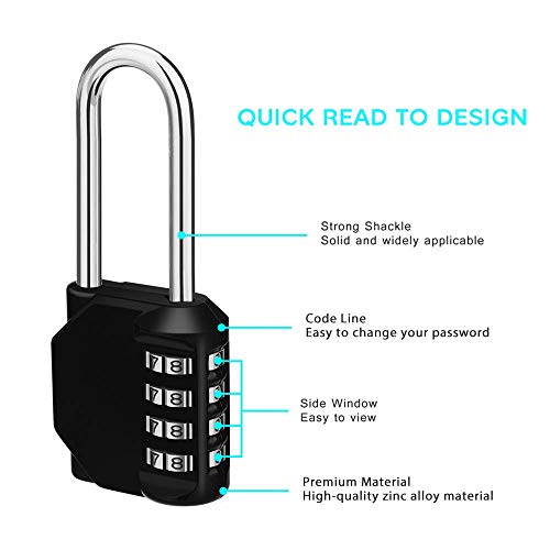 Image of ZHEGE Combination Lock, Red Conventional Shackle Padlock and Black Long Shackle Padlock， 4 Digit Outdoor Combination Padlock for Gym, School, Gates, Doors, Hasps and Storage