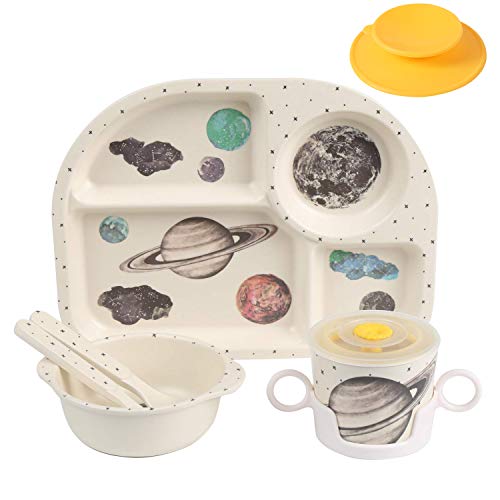 Image of shopwithgreen 7Pcs/Set Bamboo Kids Dinnerware Set - Children Dishes - Food Plate Bowl Cup Spoon Fork Set Dishware, Cartoon Tableware, Dishwasher Safe Kids Healthy Mealtime, BPA Free