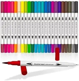 Caneta Brush Pen Kit 24 Cores 2 em 1, Pontas Pincel e Fina, Canetinha Dupla para Lettering, Escolar, Colorir, Desenho