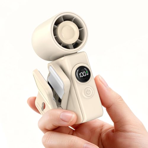 Dnenellr Tragbarer Handventilator Mini Ventilator Aufladbar mit Rotierbarem Clip LED Digitalanzeige 4 Stufen 13500RPM 2400mAh Akku Kleiner USB Tischventilator für Reisen (Beige)