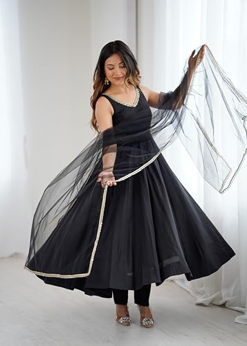 Image of Women Designer Chanderi Silk Anarkali Kurta Set with Dupatta & Pant Fully Flared Gown Style Ethnic Kurti Set