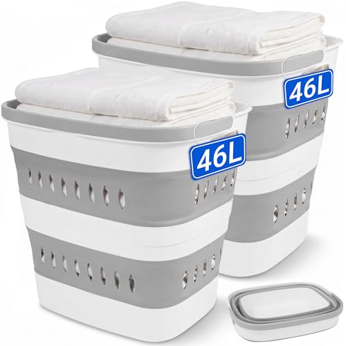 46L/12 Gal Collapsible Laundry Baskets, Foldable Hamper with Handles, Plastic Pop Up Storage Container for Laundry, Home, Dorm, Travel – Gray/White, Set of 2