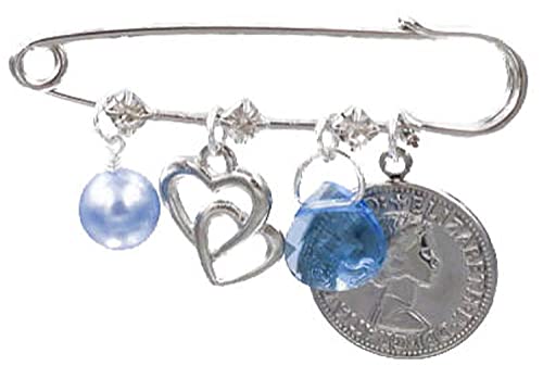 Light Blue Simulated Pearl, Double Heart, Blue Crystal, and Six Pence Bridal Pin