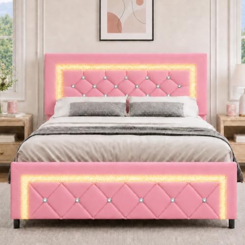 BarnFurin Queen Bed Frame with LED Lights Upholstered Platform Bed with Diamond Tufted Headboard No Box Spring Needed Noise Free Easy Assembly Pink