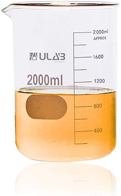 ULAB Griffin Low Form Glass Beaker, Vol.2000ml, 3.3 Borosilicate Glass, Printed Graduation, UBG1020